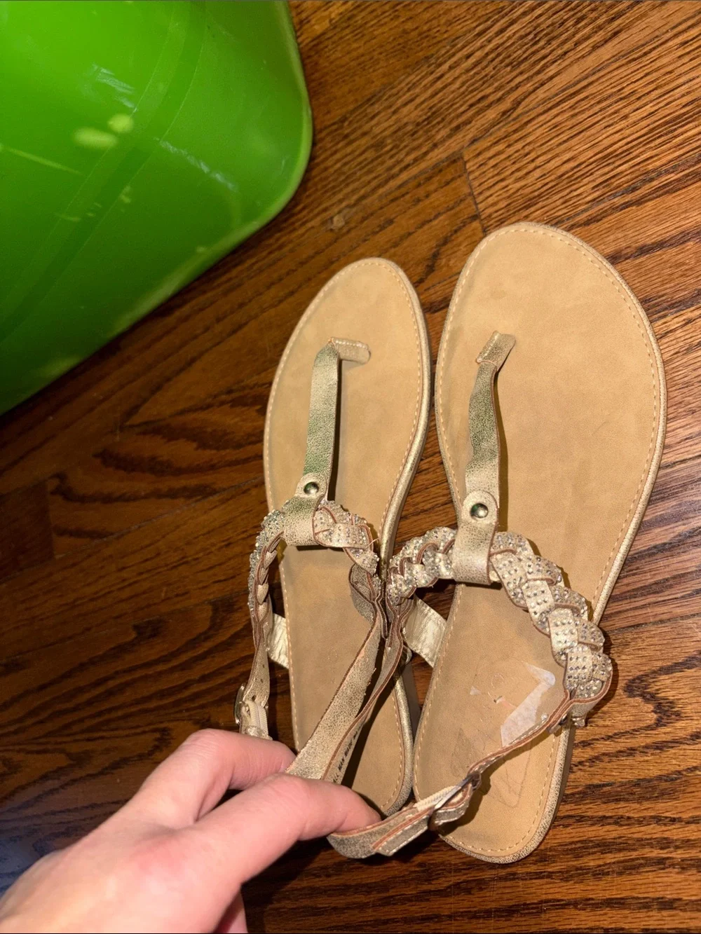 Andiamo Gold T-Back Braided Sandals W/ Bling & Buckle. Closure
